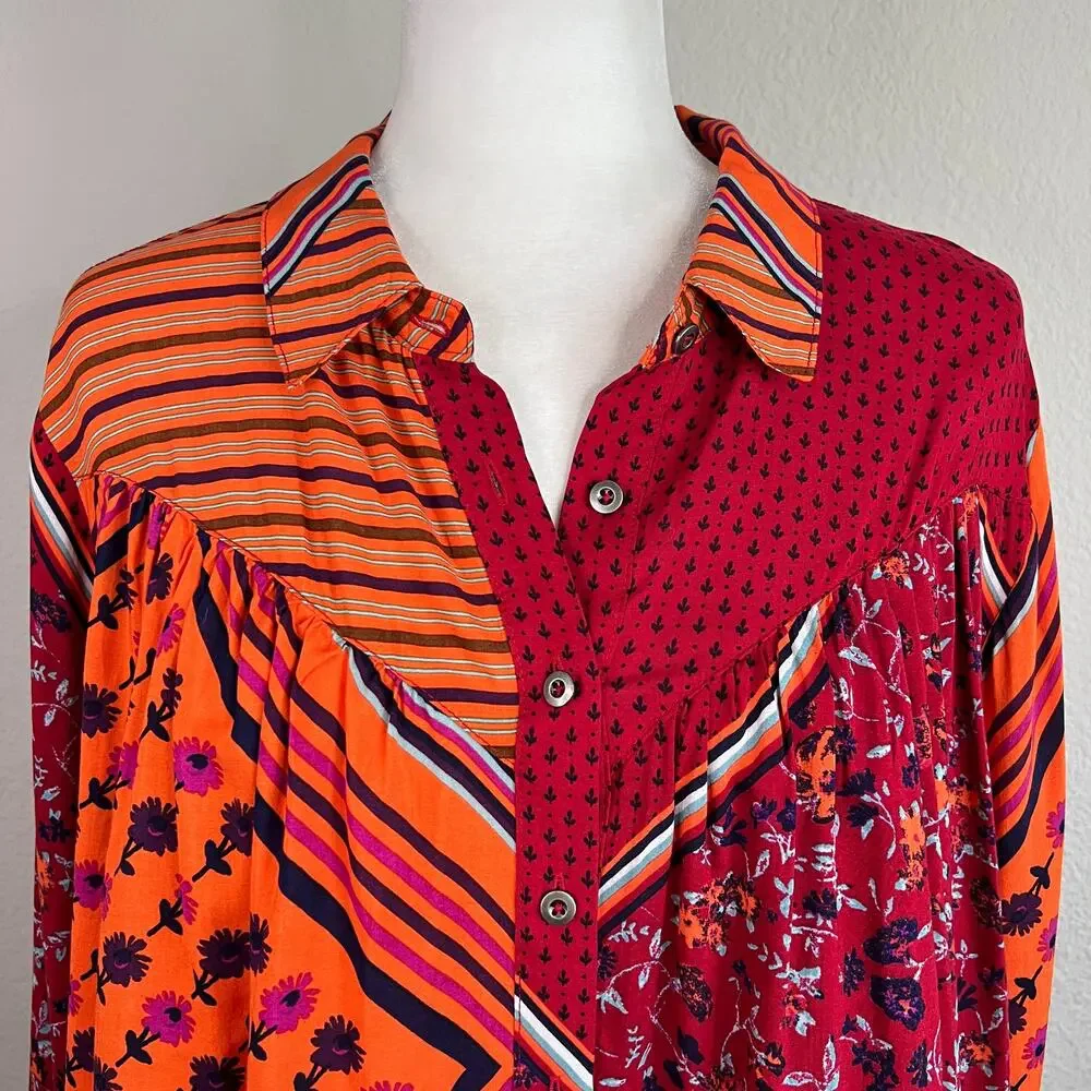 Free People Hazel Patchwork Chili Pepper Button Down Blouse Womens XL Artsy Boho